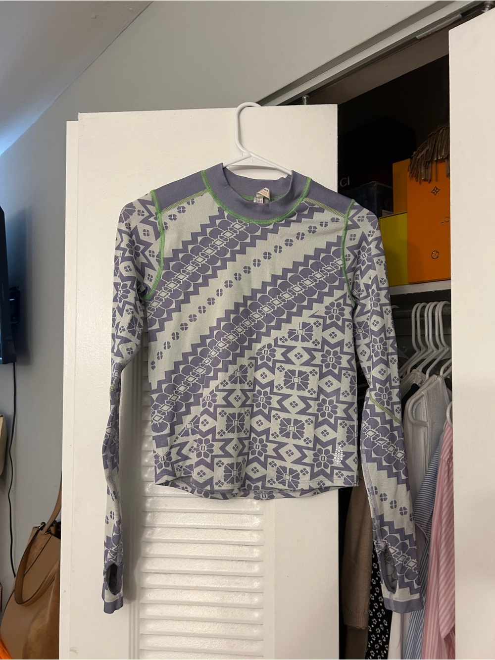 Free People Long Sleeve Patterned Crewneck Ski Top - Purple, Gray & Light Green